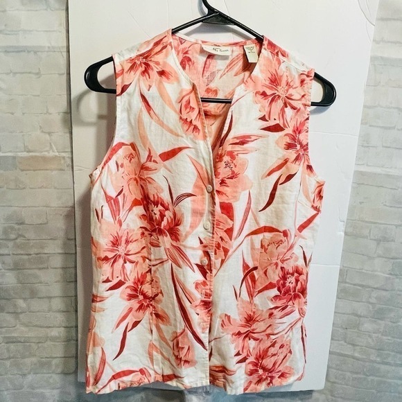 Amanda Smith Sz Small linen blouse. Button up, short sleeves. Salmon. - Picture 1 of 11